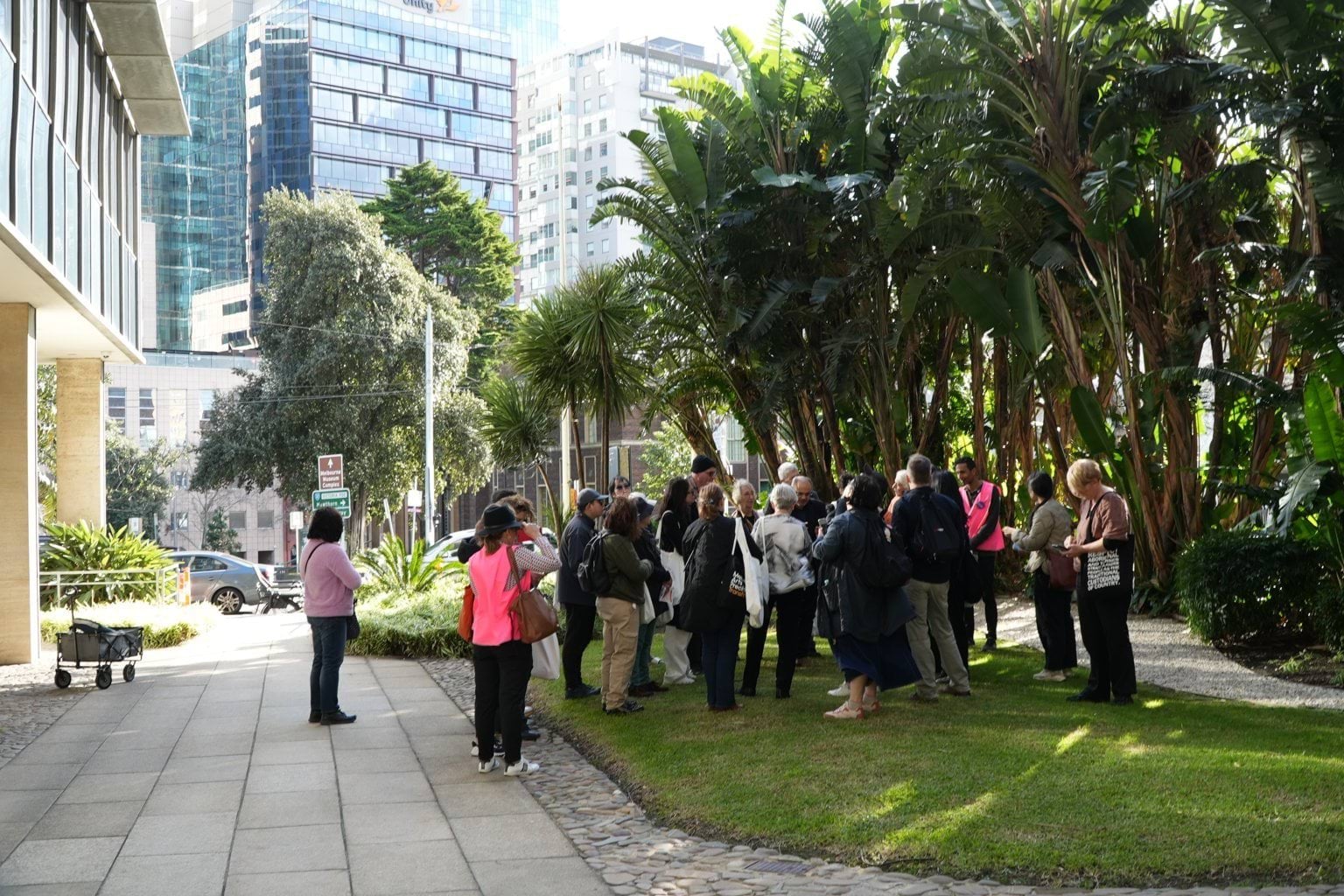 OHM walking group talking about Orica House Nicholson Street 